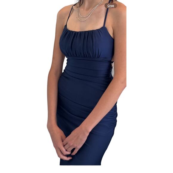 B Darlin Navy Blue Ruched Spaghetti Strap Backless Dress Size 1/2 - Picture 2 of 11